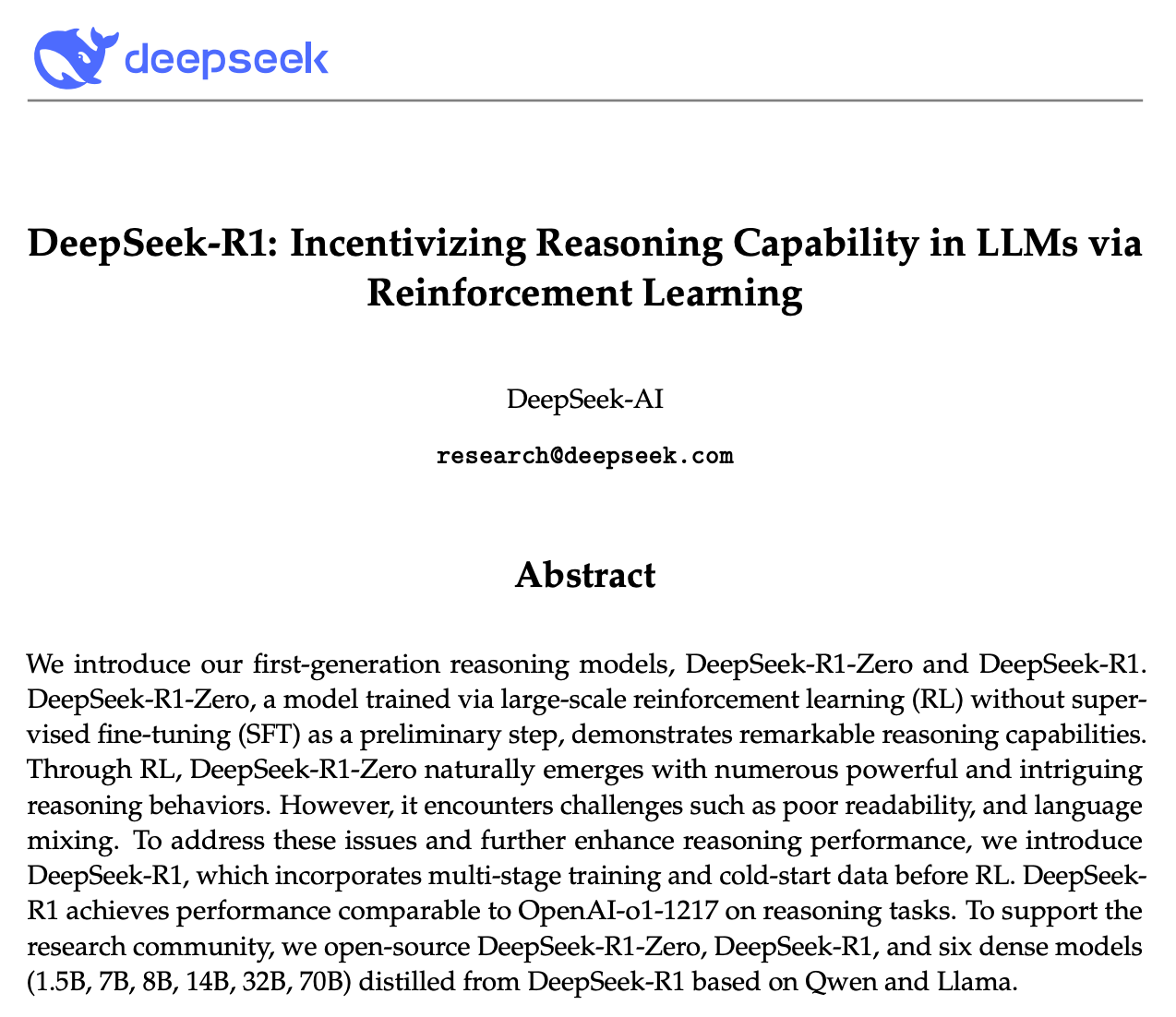 Title page of the DeepSeek-R1 paper: 'DeepSeek-R1: Incentivizing Reasoning Capability in LLMs via Reinforcement Learning' by DeepSeek-AI, with the abstract introducing DeepSeek-R1-Zero and DeepSeek-R1.